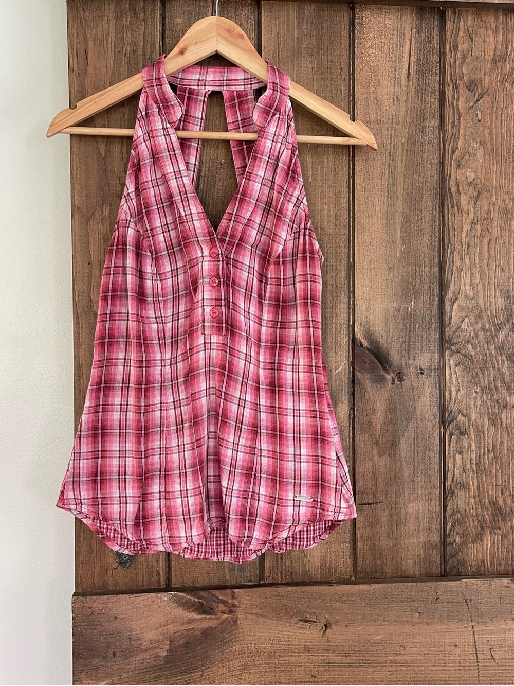 Guess Y2K 2000's Plaid Henley Button Halter Tank Small Western Cowgirl Camp